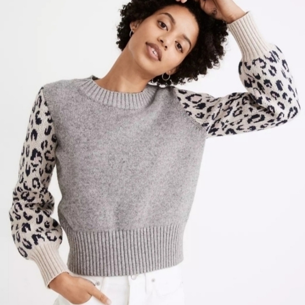 Madewell Leopard-Sleeve Tensley Pullover Sweater in Cotton-Merino Yarn. - Picture 2 of 7